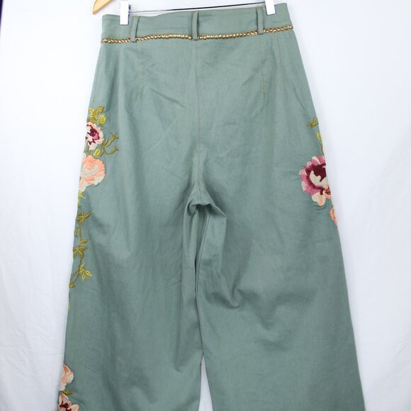 ARATTA SILENT JOURNEY GREEN WOMEN'S DENIM PANTS EMBROIDERED STUDDED FLORAL BOHO - Picture 8 of 10